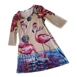 Festive Flamingos! Ellen Negley 3/4 Sleeve Poly Jersey Shift Dress Petite Medium